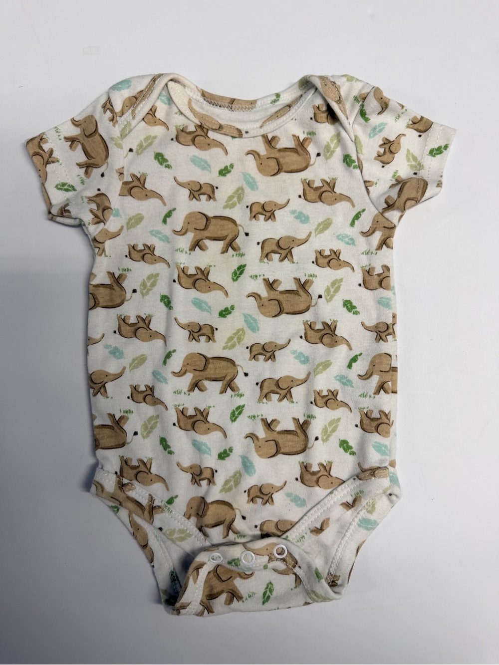 Cream Baby One-Piece Bodysuit with Brown Elephant Print